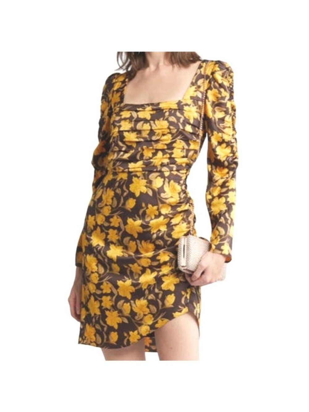 Floret Cottagecore Dark Floral Ruched Square Neck Dress Yellow Brown XS NWOT